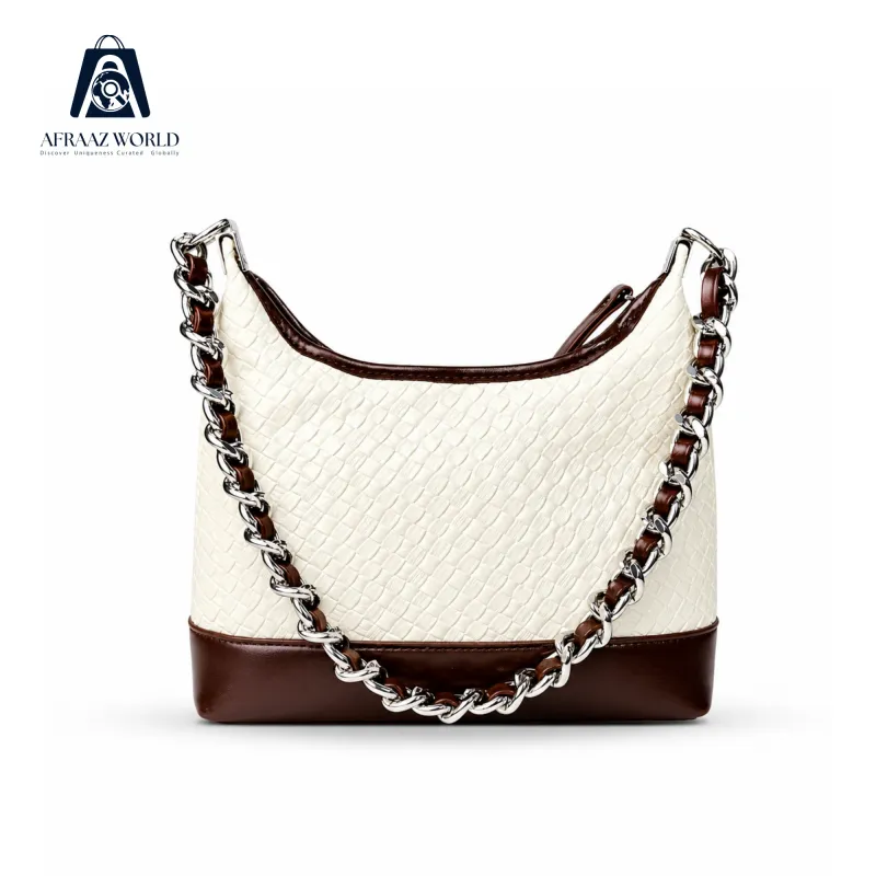 White & Brown Woven Leather Shoulder Bag with Silver Chain – Afraaz World