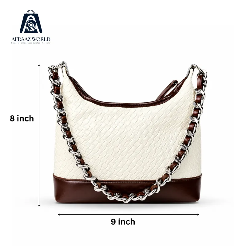 White & Brown Woven Leather Shoulder Bag with Silver Chain – Afraaz World
