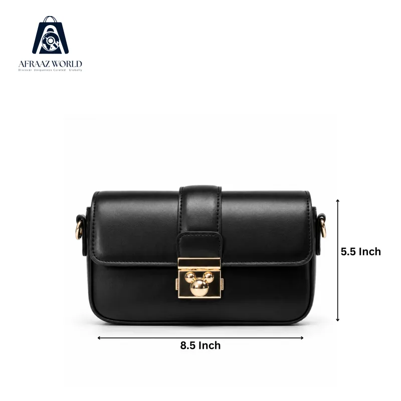 Elegant Black Leather Crossbody Bag with Golden Lock – Afraaz World