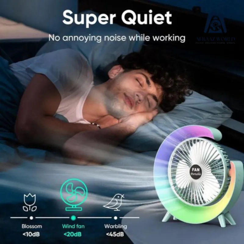 USB Rechargeable Portable Fan with 7-Color LED Light – Compact 180° Adjustable Electric Fan for Camping, Travel & Desktop Use – 3 Wind Speed Modes