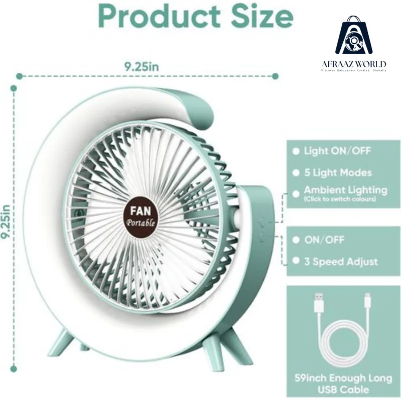USB Rechargeable Portable Fan with 7-Color LED Light – Compact 180° Adjustable Electric Fan for Camping, Travel & Desktop Use – 3 Wind Speed Modes