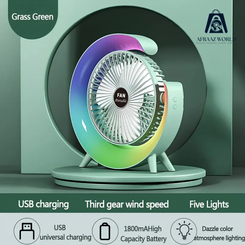 USB Rechargeable Portable Fan with 7-Color LED Light – Compact 180° Adjustable Electric Fan for Camping, Travel & Desktop Use – 3 Wind Speed Modes